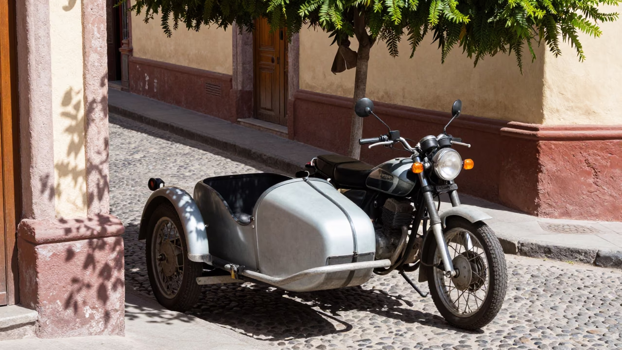 Vintage Motorcycle Sidecar in La Paz Bolivia Bright Midmorning Light Street Scene in in La Paz, Bolivia