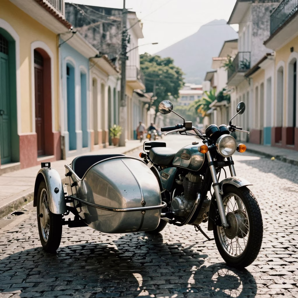 Vintage Motorcycle Sidecar in Rio de Janeiro Late Morning Street Scene in in Rio de Janeiro, Brazil