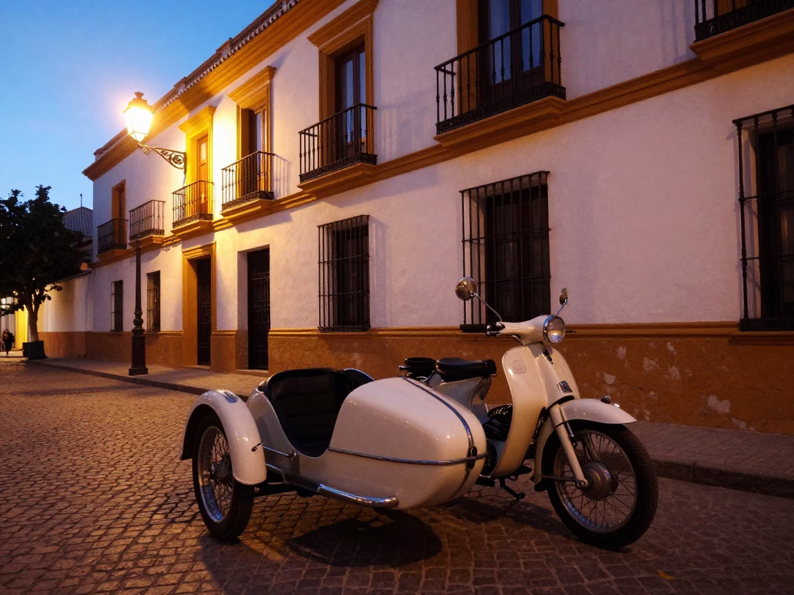 Vintage Motorcycle Sidecar in Seville Early Evening Andalusian Street Scene in in Seville, Spain