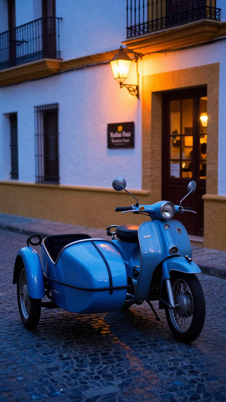 Vintage Motorcycle Sidecar in Seville Evening Blue Light in in Seville, Spain