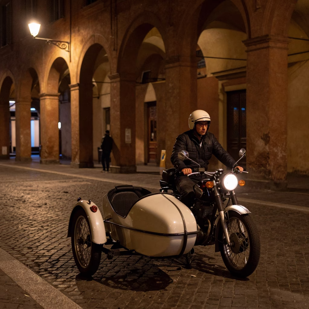Vintage Motorcycle Sidecar Night Scene in Bologna Italy in in Bologna, Italy