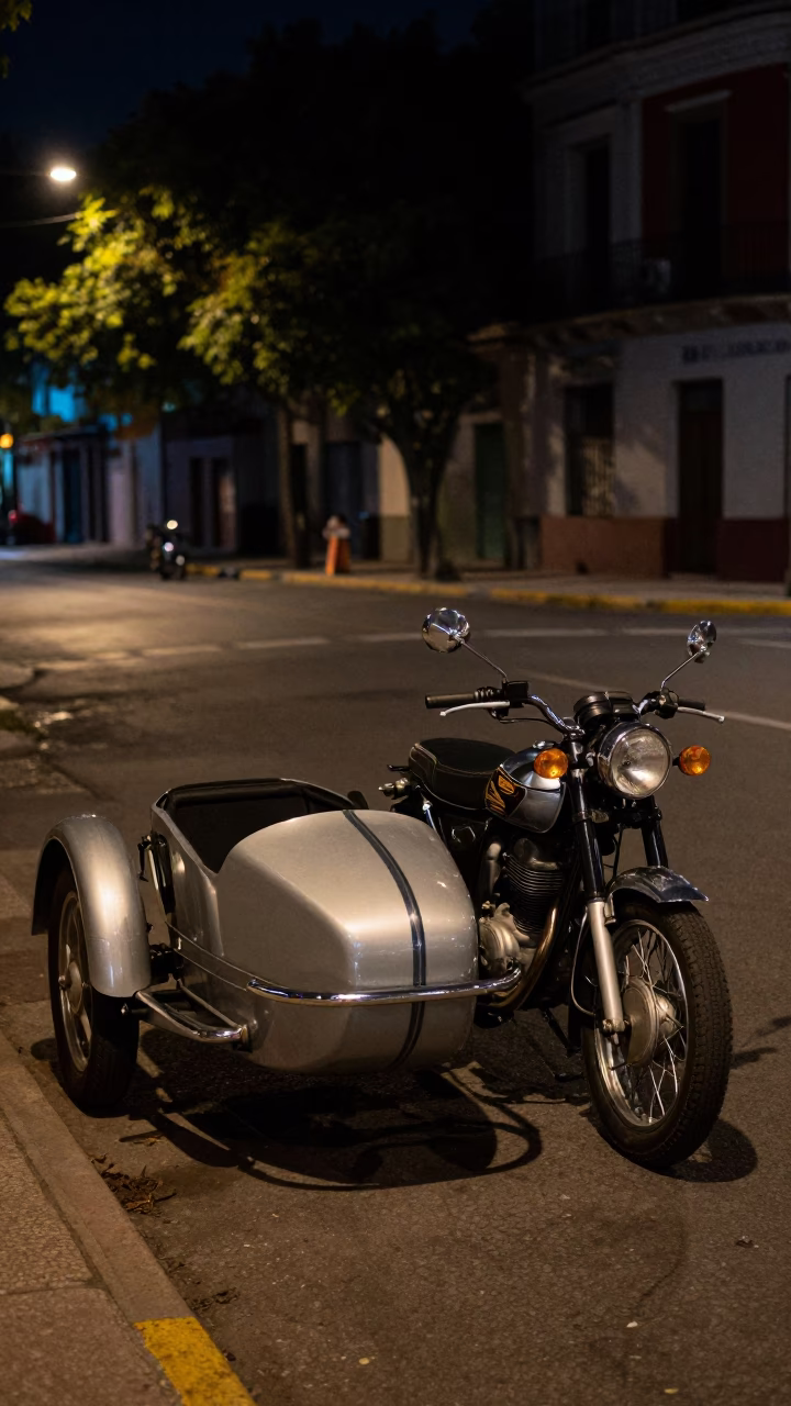 Vintage Motorcycle Sidecar Night Scene in Buenos Aires Argentina Street Photography in in Buenos Aires, Argentina