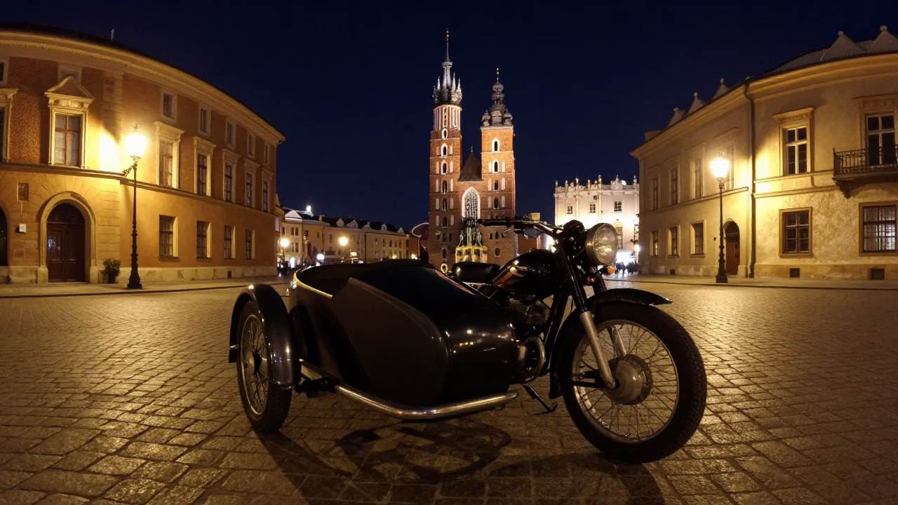 Vintage Motorcycle Sidecar Night Scene in Historic Krakow Poland City Center in in Krakow, Poland