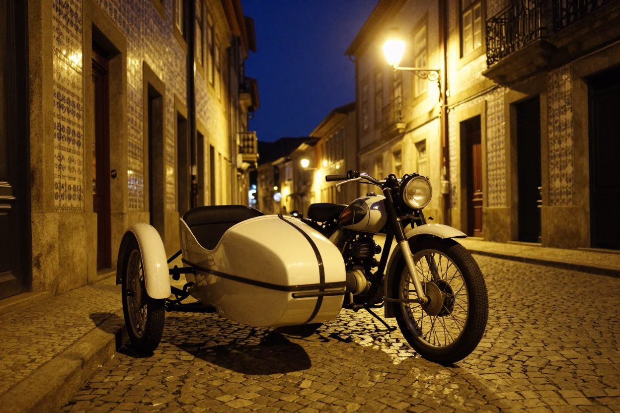 Vintage Motorcycle Sidecar Night Scene Porto Portugal Cobblestones in in Porto, Portugal