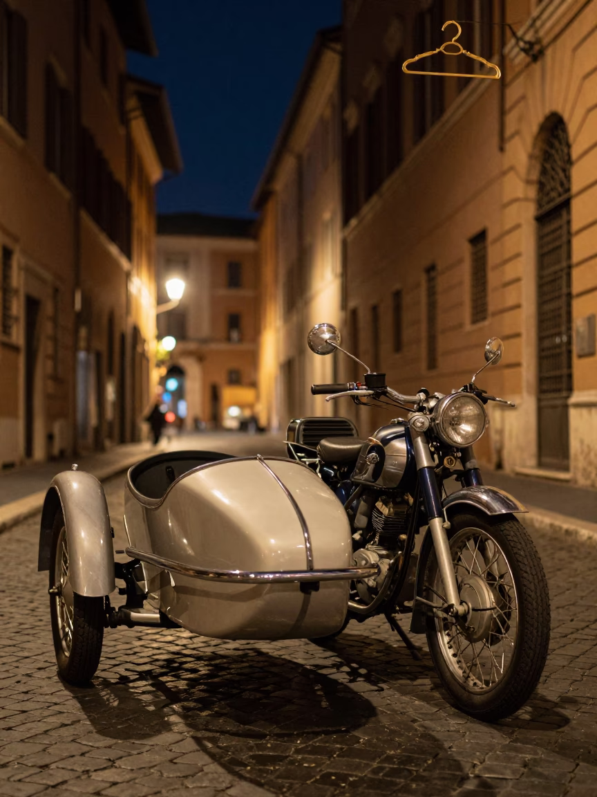 Vintage Motorcycle Sidecar Night Street Scene Rome Italy Cinematic 1960s in in Rome, Italy