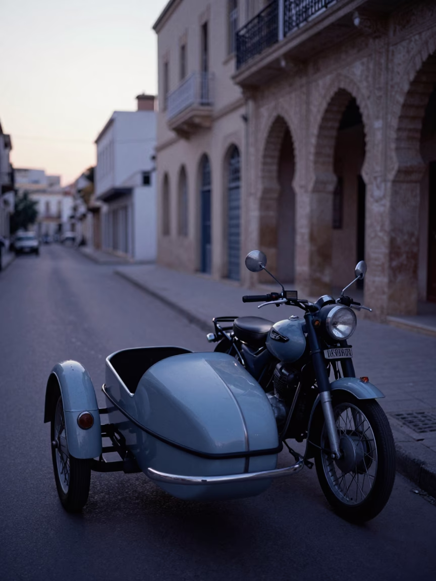 Vintage Motorcycle Sidecar Parked in Tunis Tunisia Before Dawn Street Scene in in Tunis, Tunisia