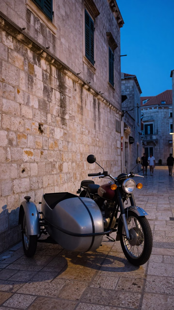 Vintage Motorcycle Sidecar Parked Near Dubrovnik Stone Walls at Blue Hour in in Dubrovnik, Croatia