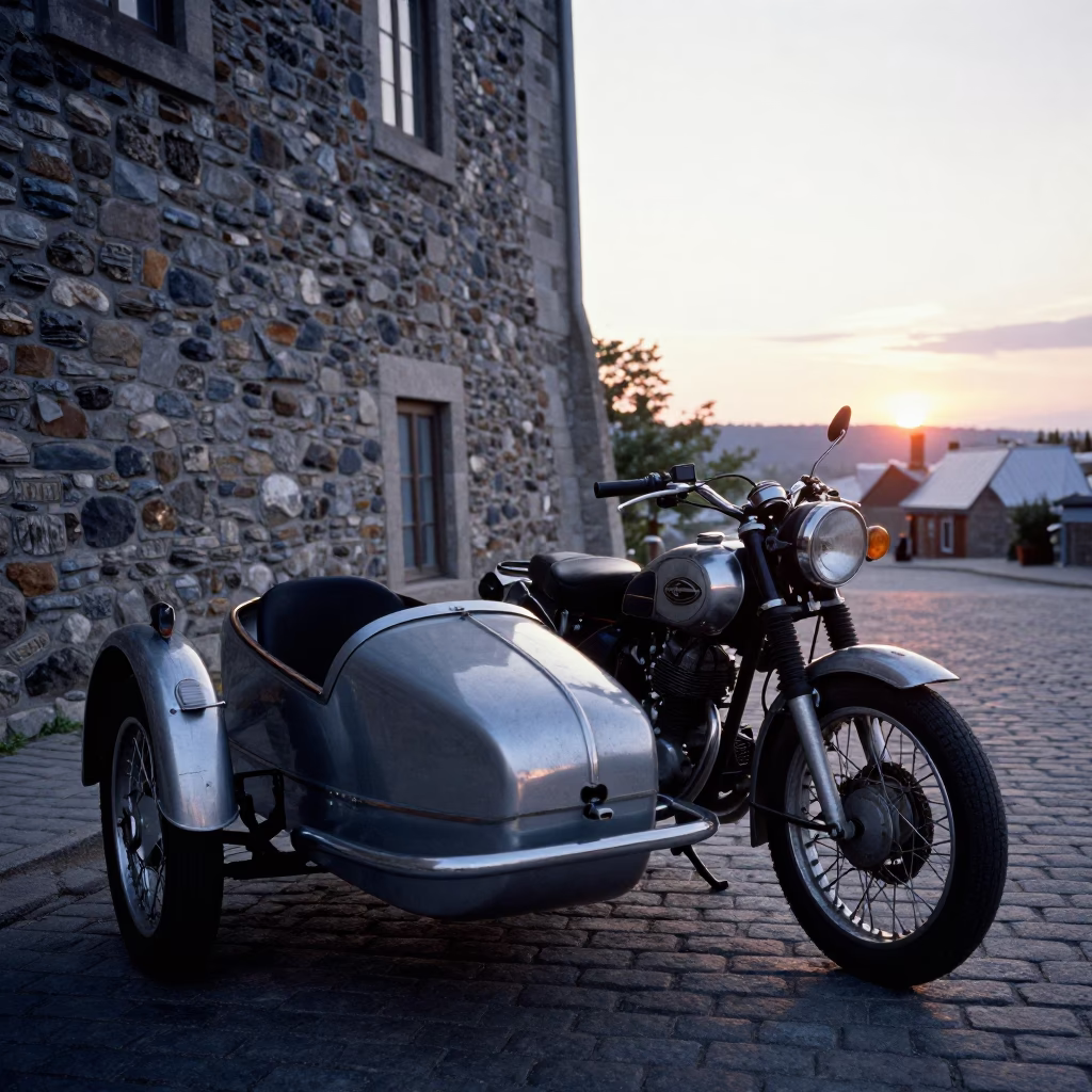 Vintage Motorcycle Sidecar Parked Near Historic Stone Walls of Quebec City at Sunset in in Quebec City, Quebec, Canada