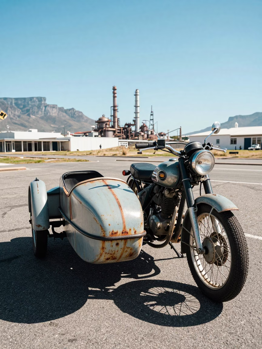 Vintage Motorcycle Sidecar Parked Near Refinery Dock in Cape Town Under Noon Sun in in Cape Town, South Africa