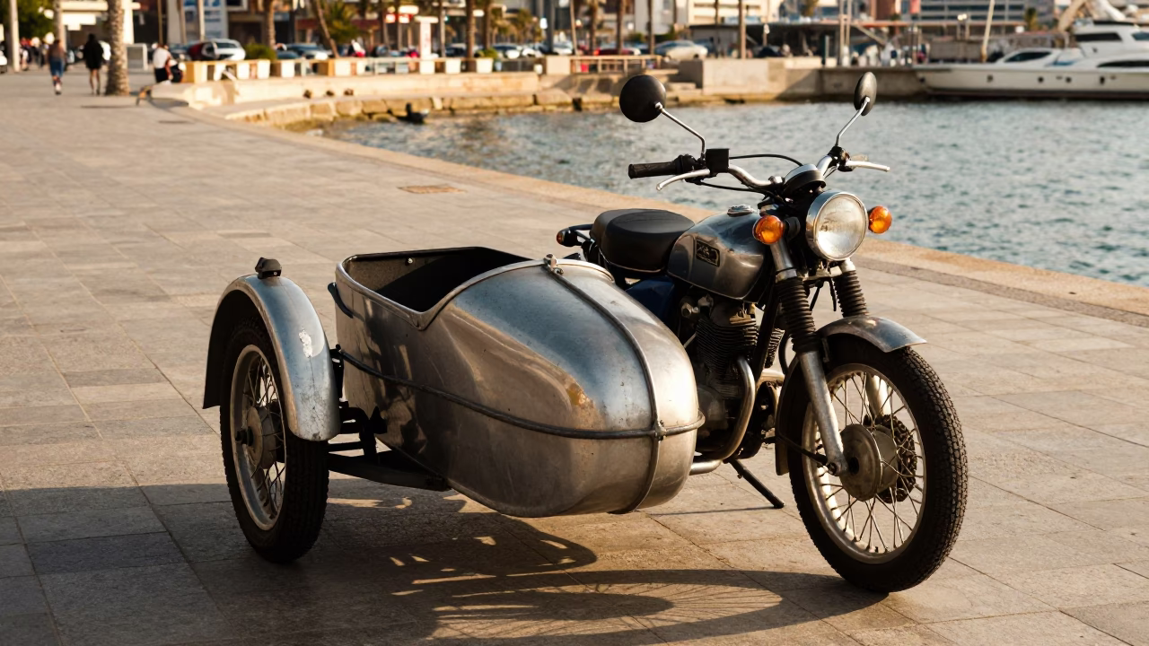 Vintage Motorcycle Sidecar Parked on Barcelona Harbor Promenade at Late Afternoon in in Barcelona, Spain