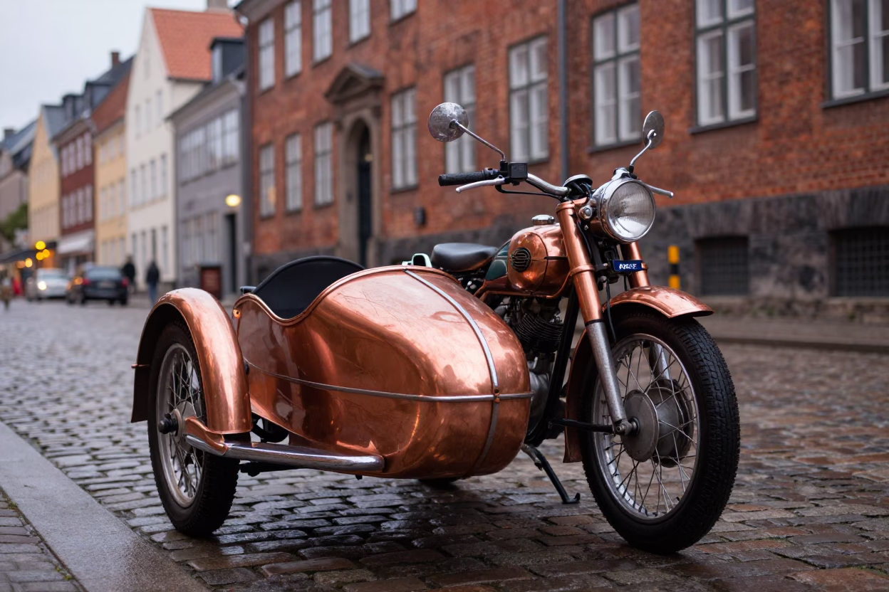 Vintage Motorcycle Sidecar Parked on Cobblestone Street in Copenhagen Denmark Before Dusk in in Copenhagen, Denmark