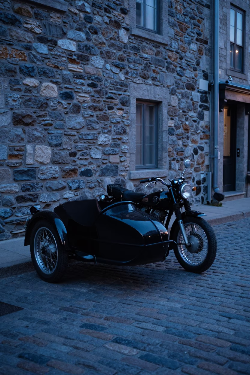 Vintage Motorcycle Sidecar Parked on Cobblestone Street in Quebec City During Blue Hour Twilight in in Quebec City, Quebec, Canada