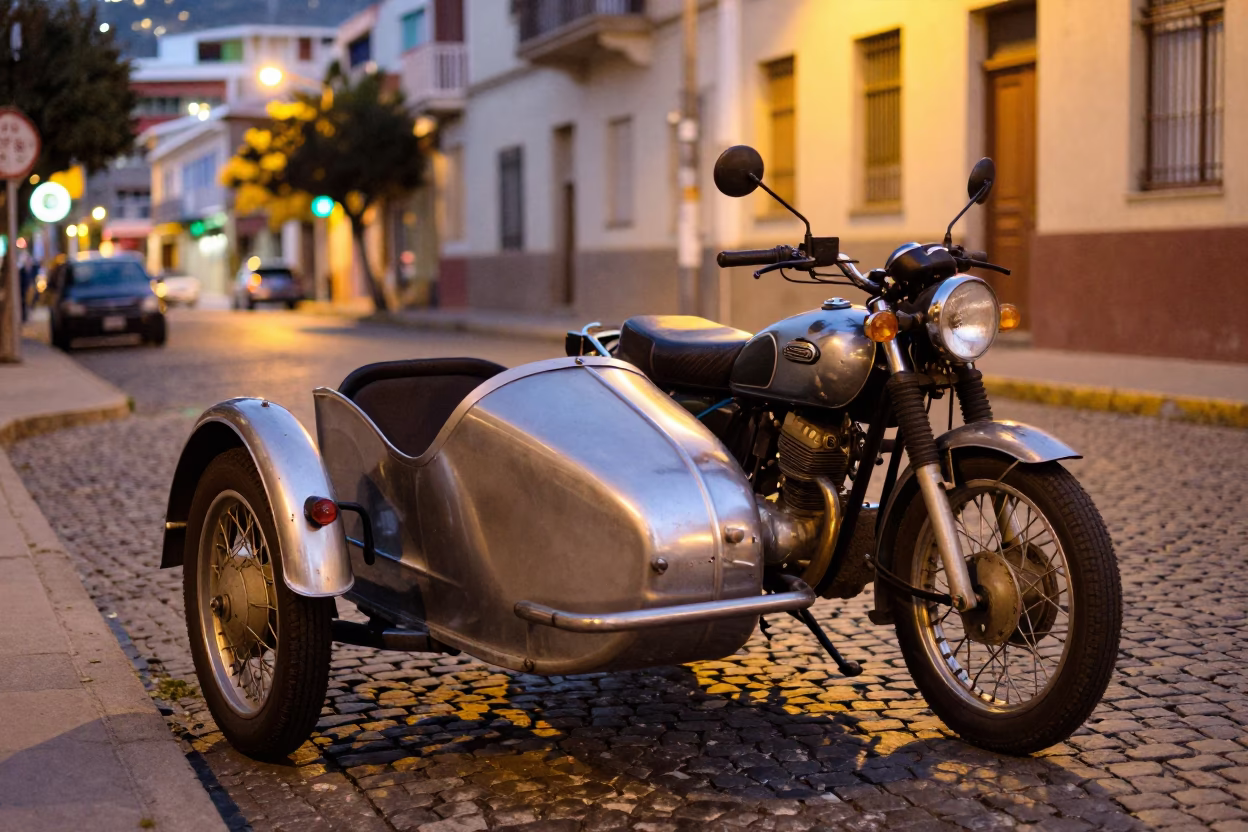 Vintage Motorcycle Sidecar Parked on Cobblestone Street in Valparaiso Chile at Dusk in in Valparaiso, Chile