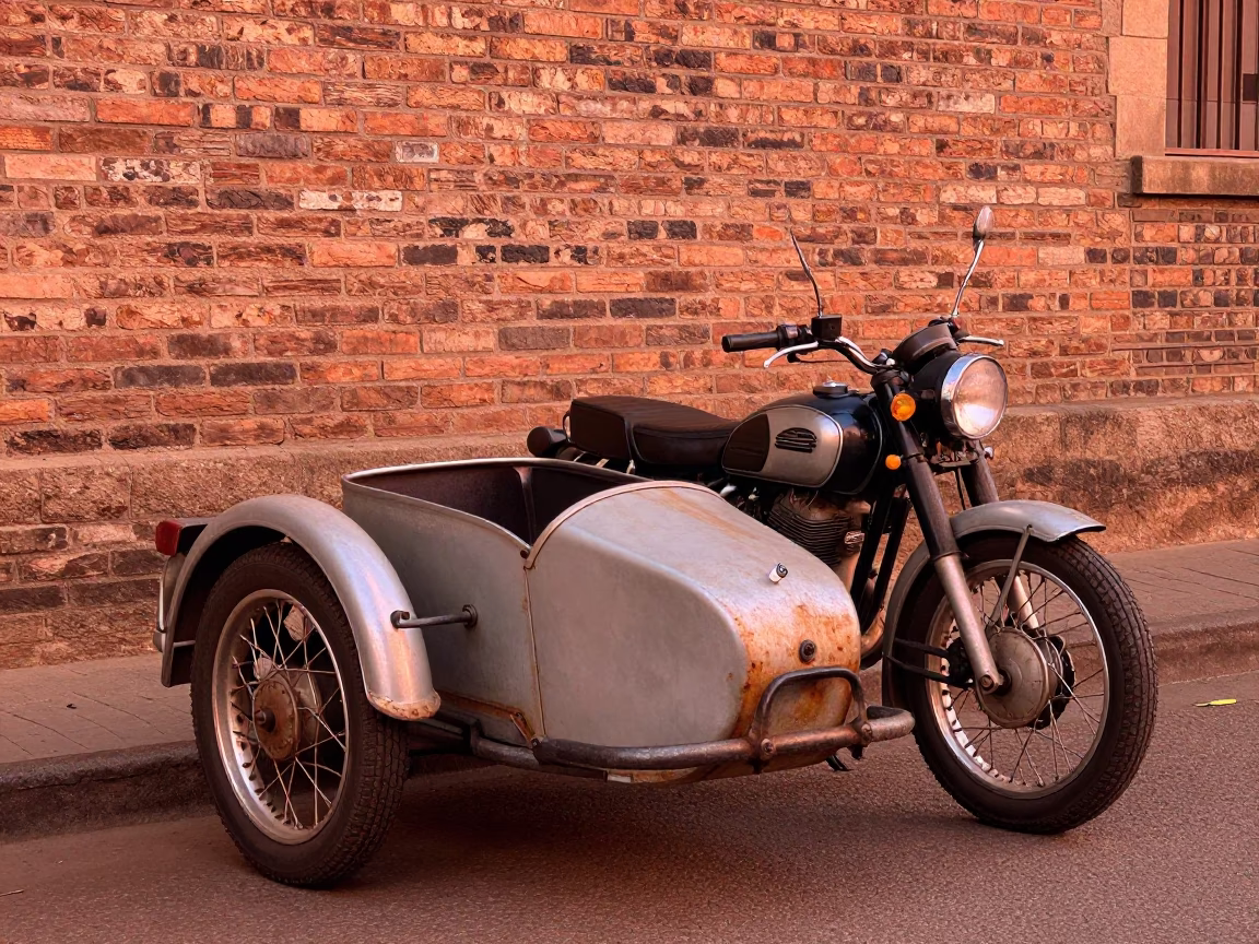 Vintage Motorcycle Sidecar Parked on Johannesburg Street in Copper Dusk Light in in Johannesburg, South Africa