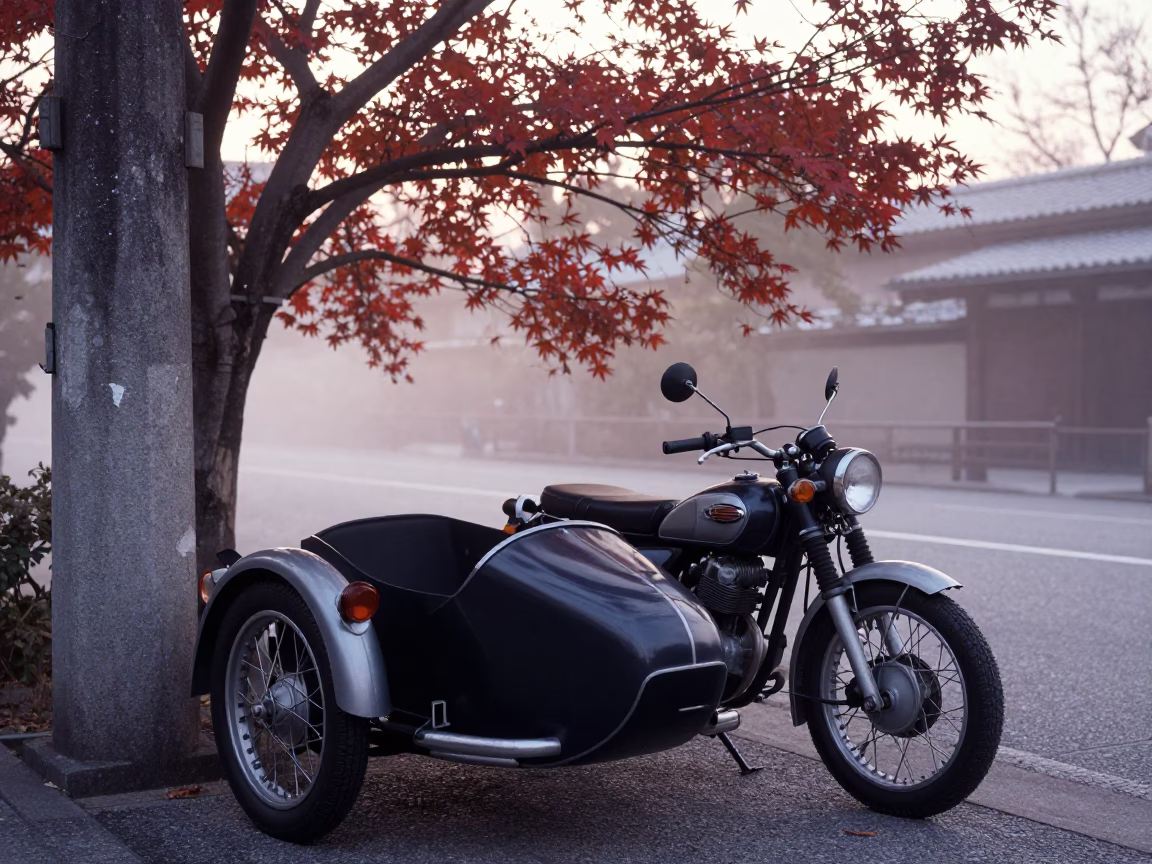 Vintage Motorcycle Sidecar Parked on Kyoto Street Before Dawn Mist in in Kyoto, Japan