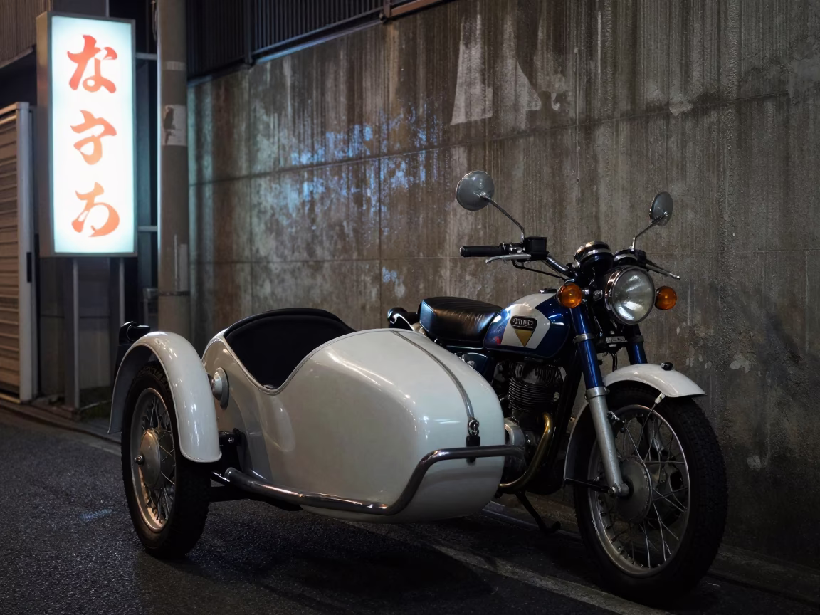 Vintage Motorcycle Sidecar Parked on Narrow Tokyo Alley at Deep Night in in Tokyo, Japan