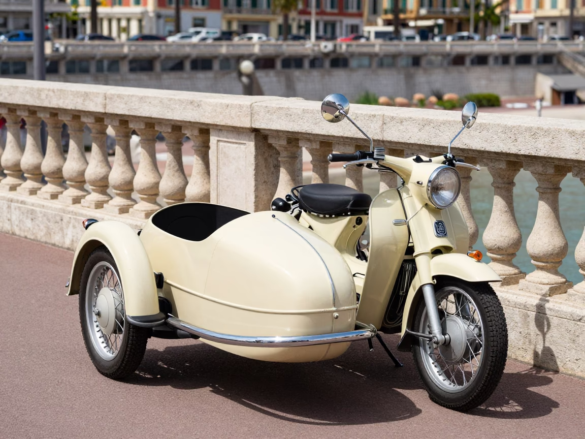 Vintage Motorcycle Sidecar Parked on Nice French Promenade Under Bright Midday Sun in in Nice, France
