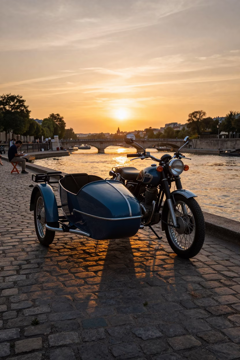 Vintage Motorcycle Sidecar Parked on Paris Cobblestones at Sunset with Enamel Painter in in Paris, France