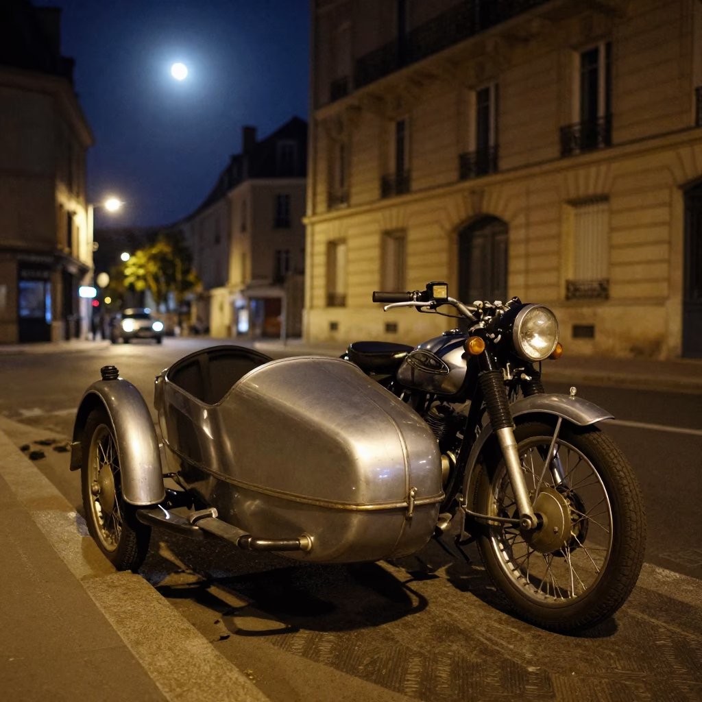 Vintage Motorcycle Sidecar Parked on Paris Street at Night with Moonlit Sky and Thermometer in in Paris, France