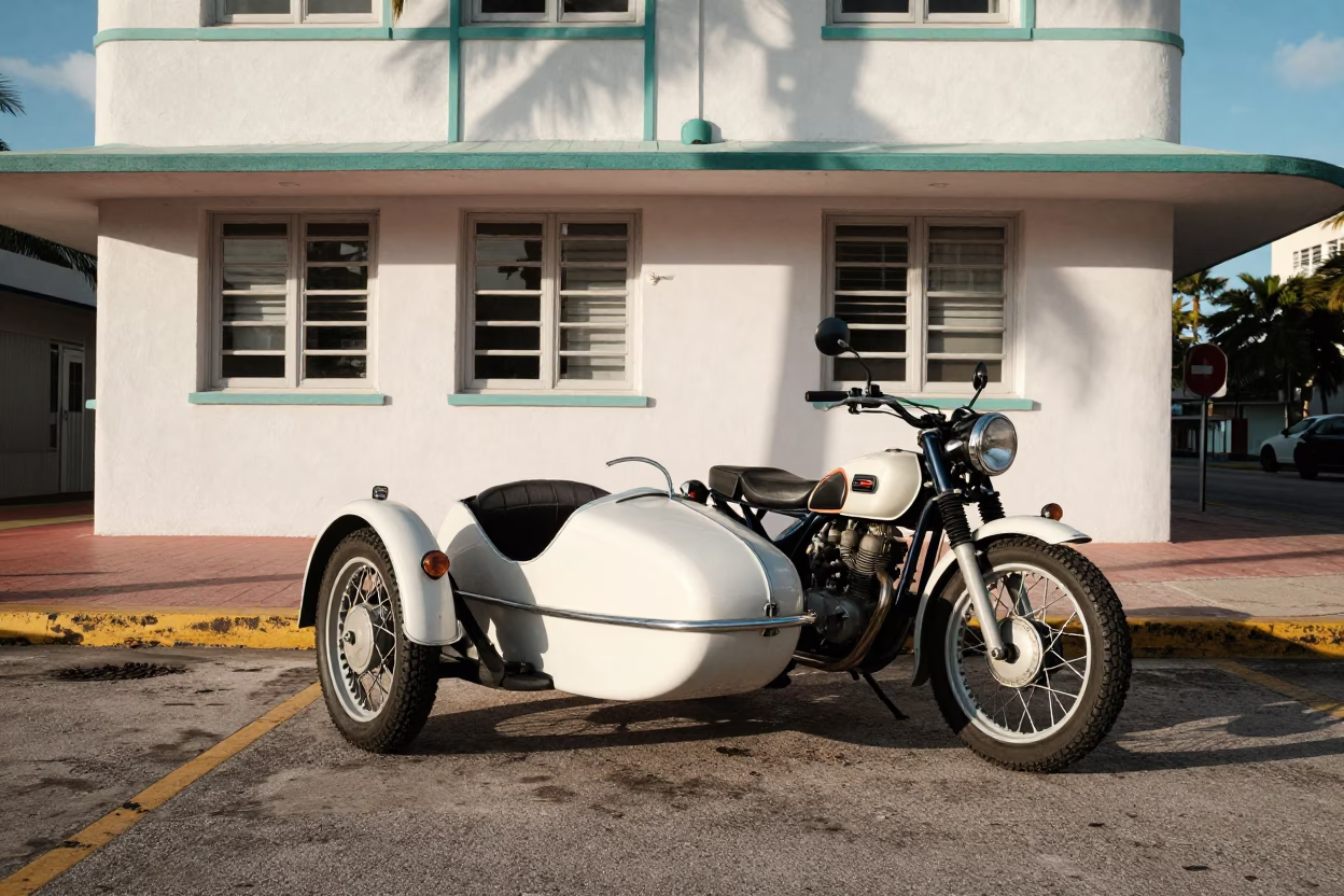 Vintage Motorcycle Sidecar Parked Outside Classic Miami Florida Art Deco Hotel Early Afternoon in in Miami, Florida, United States