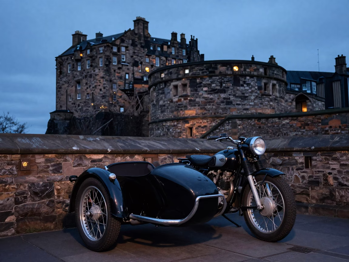 Vintage Motorcycle Sidecar Parked Outside Edinburgh Castle at Twilight in in Edinburgh, United Kingdom