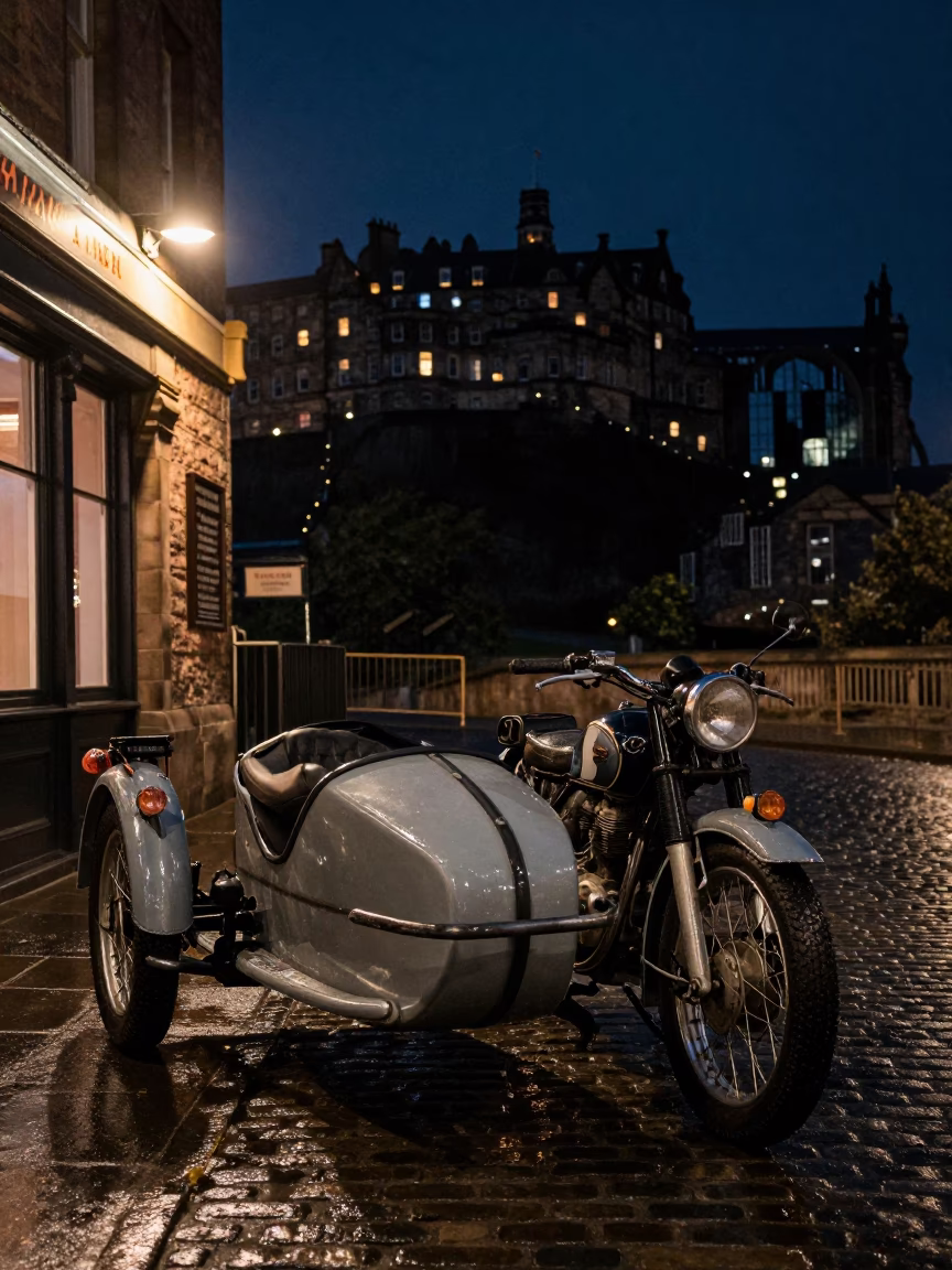 Vintage Motorcycle Sidecar Parked Outside Edinburgh Pub Late Night Street Scene in in Edinburgh, United Kingdom