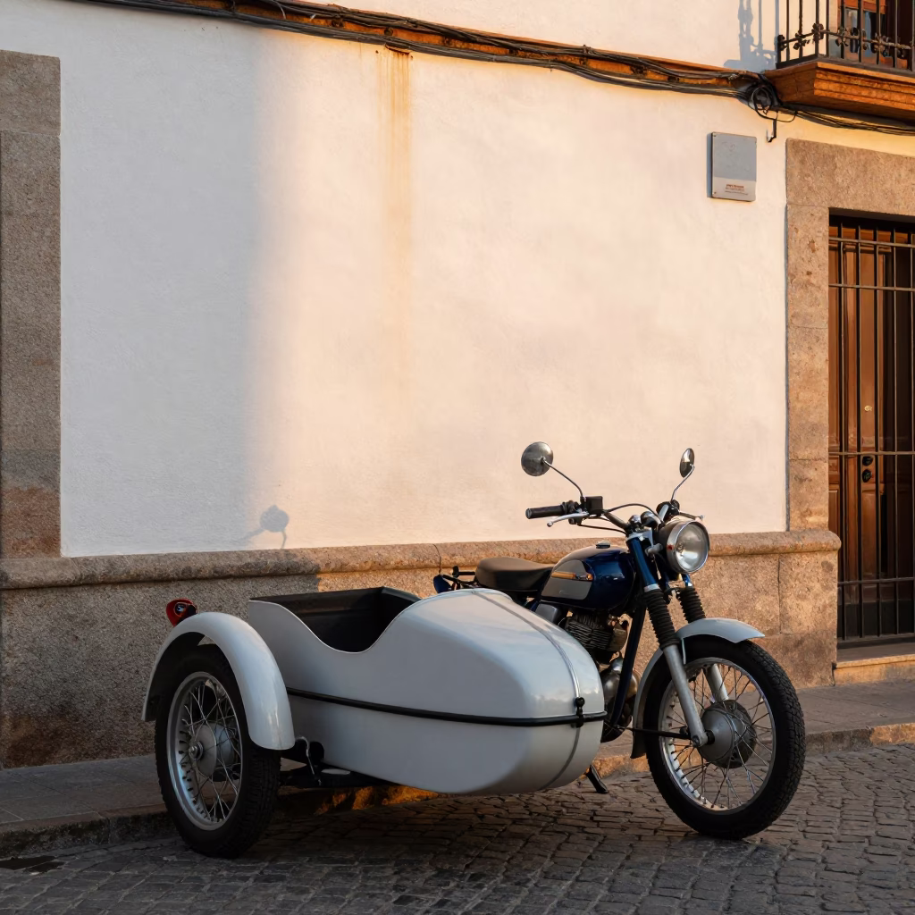 Vintage Motorcycle Sidecar Parked Outside Madrid White Wall with Bougainvillea at Sunset in in Madrid, Spain