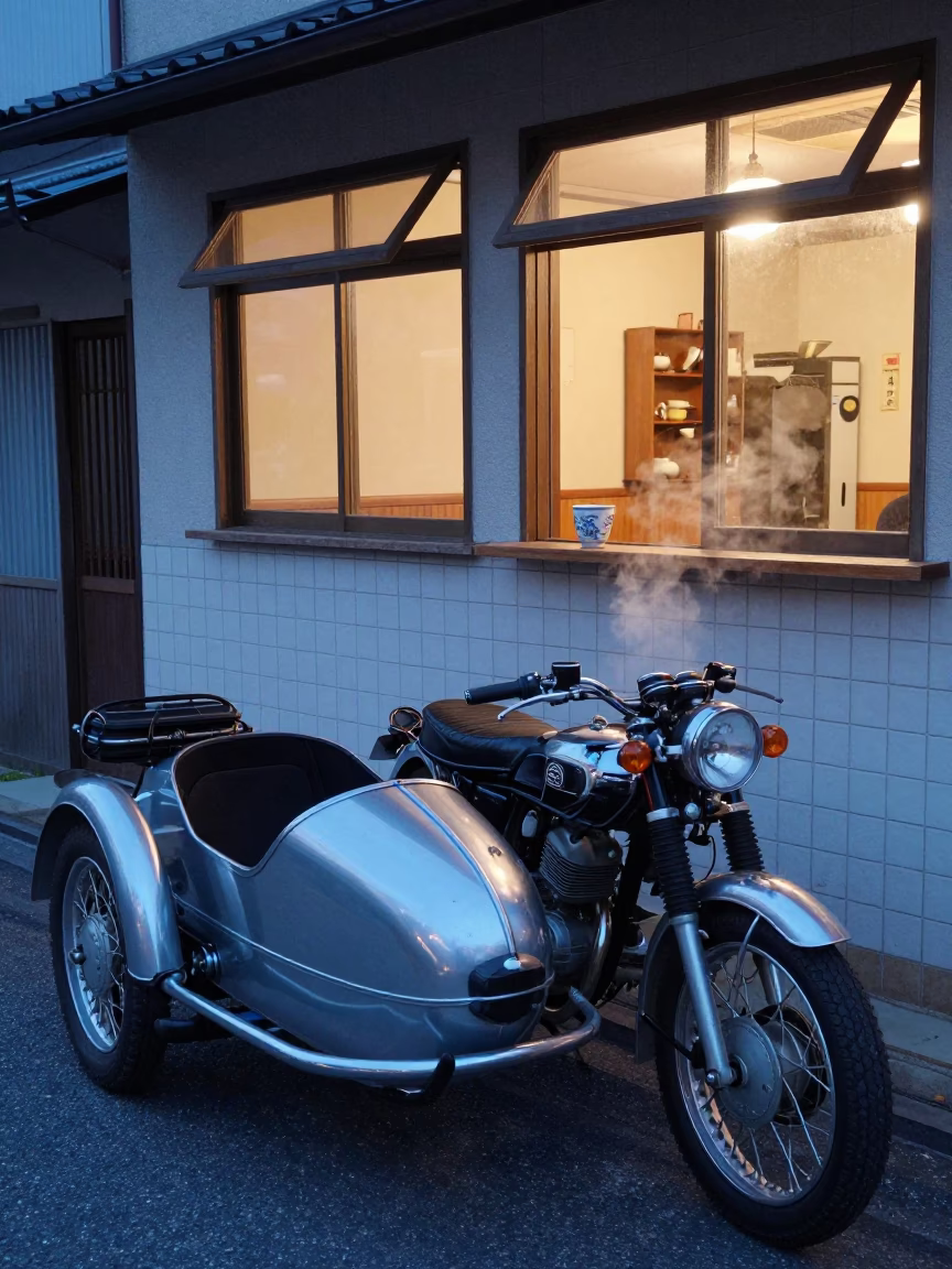 Vintage Motorcycle Sidecar Parked Outside Osaka Diner Before Dawn Industrial Catenary in in Osaka, Japan