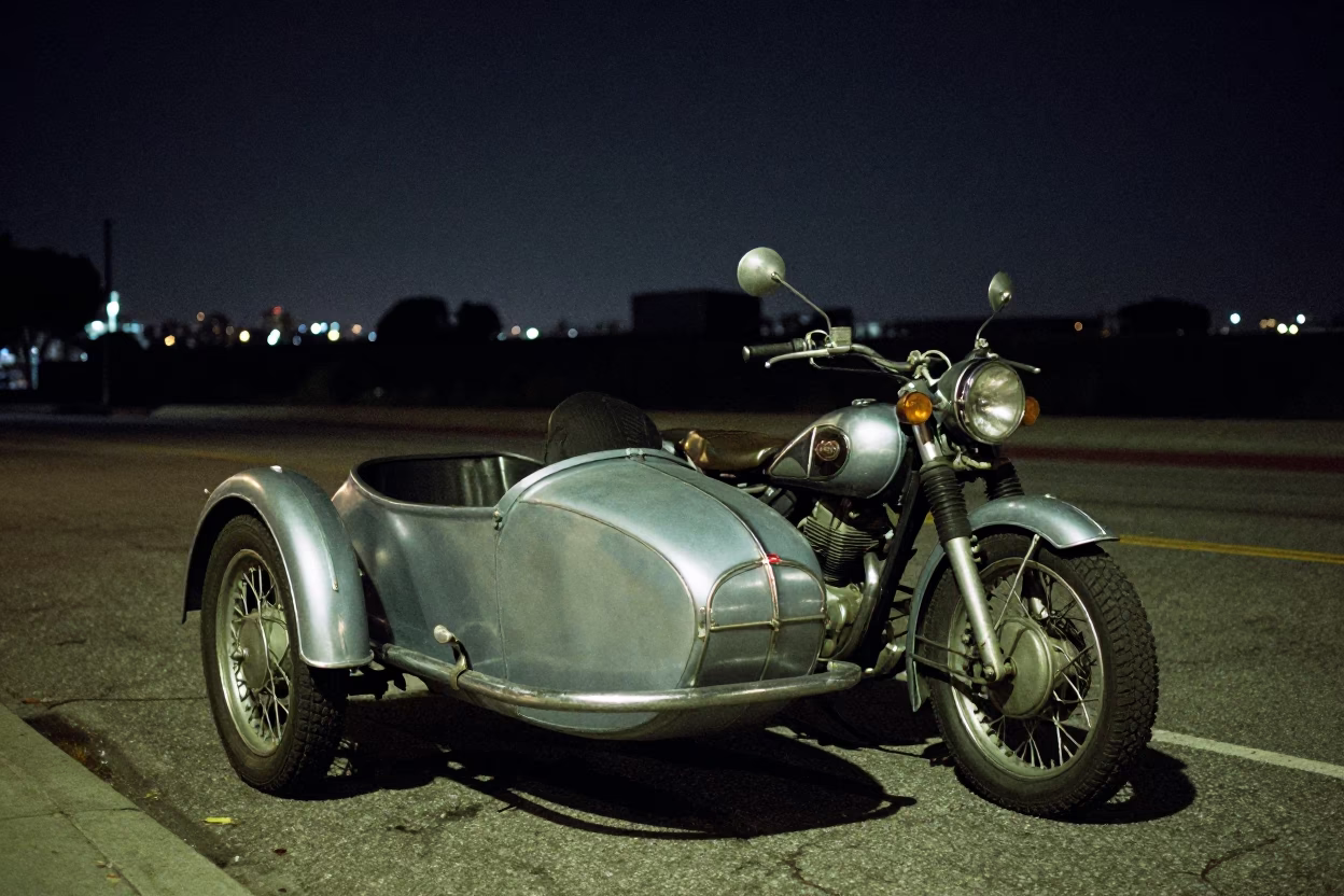 Vintage Motorcycle Sidecar Parked Under Deep Night Sky in Los Angeles California in in Los Angeles, California, United States