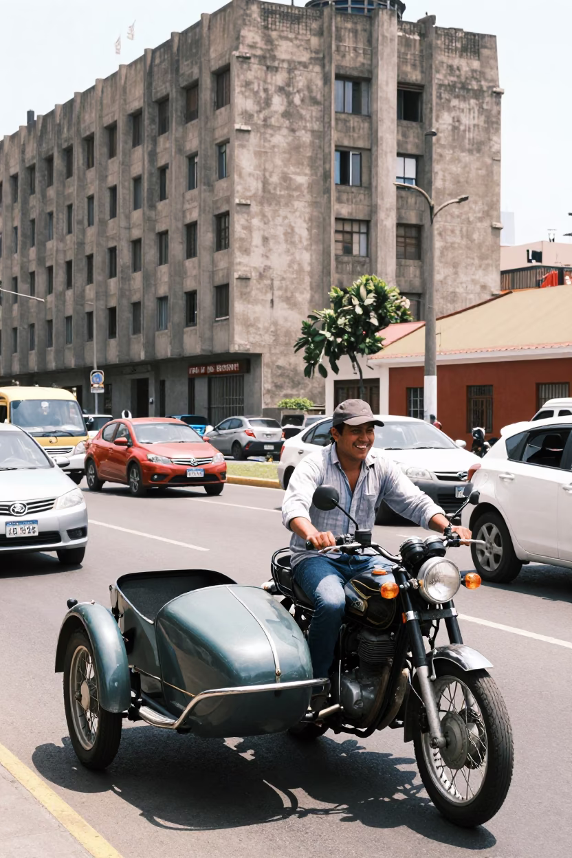 Vintage Motorcycle Sidecar Ride Through Bright Midmorning Streets of Lima Peru in in Lima, Peru