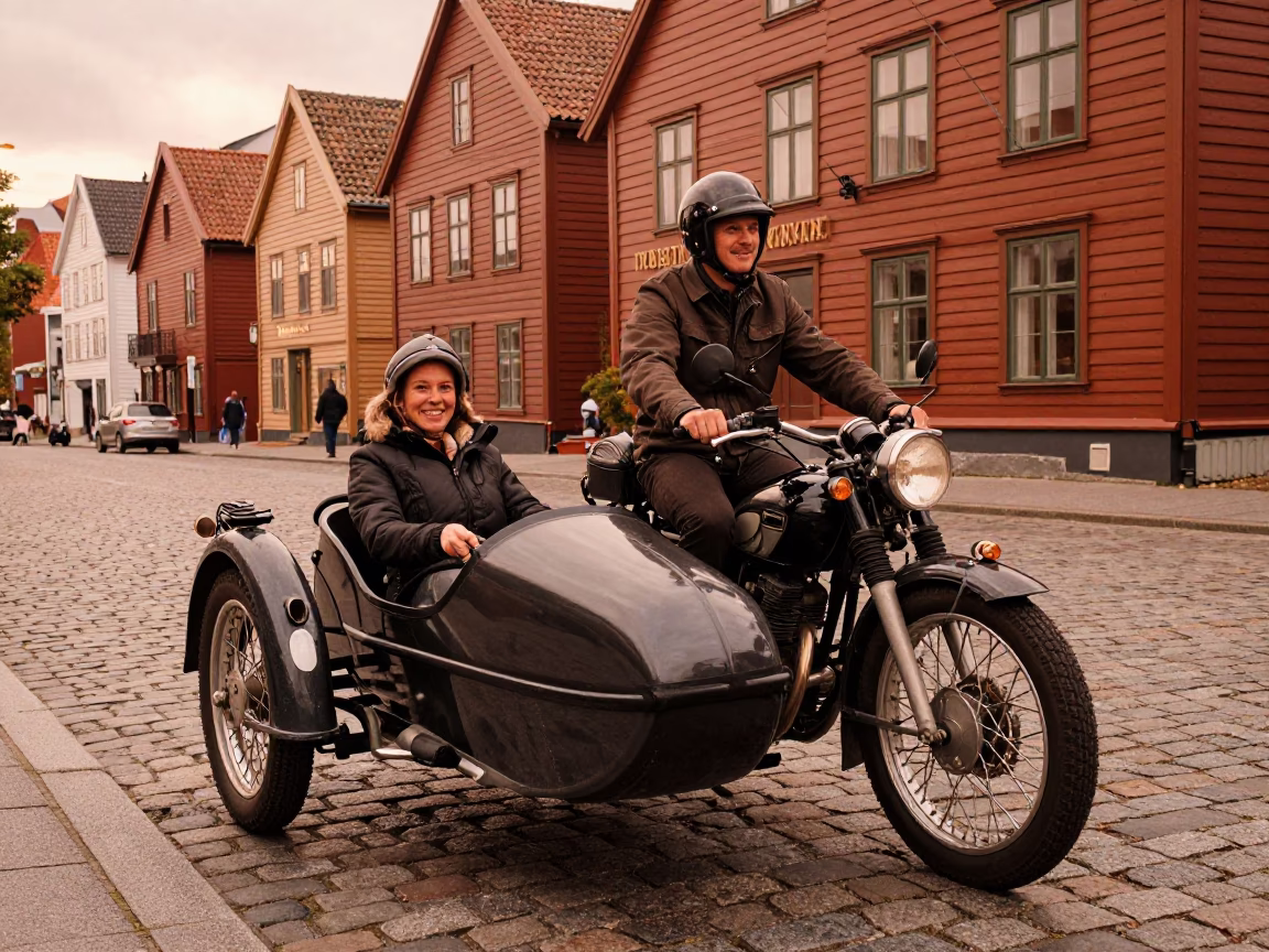 Vintage Motorcycle Sidecar Ride Through Copper-Toned Bergen Norway Dusk Streets in in Bergen, Norway