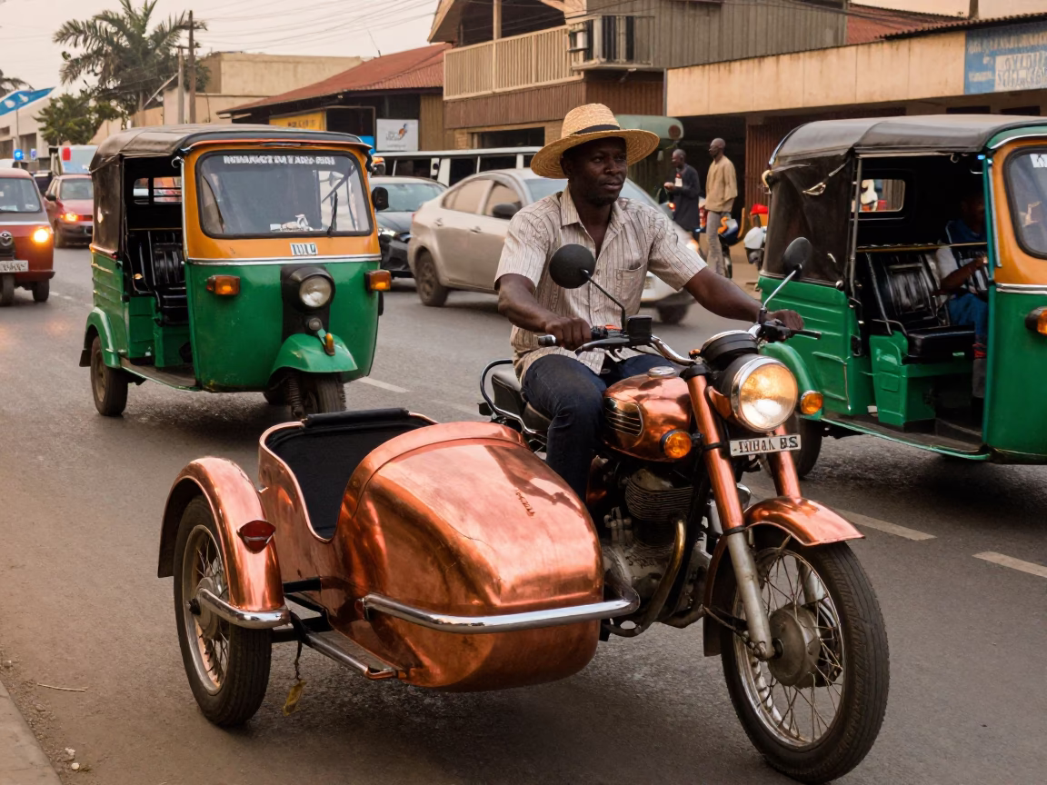 Vintage Motorcycle Sidecar Rider in Accra Ghana Copper Toned Dusk Light in in Accra, Ghana