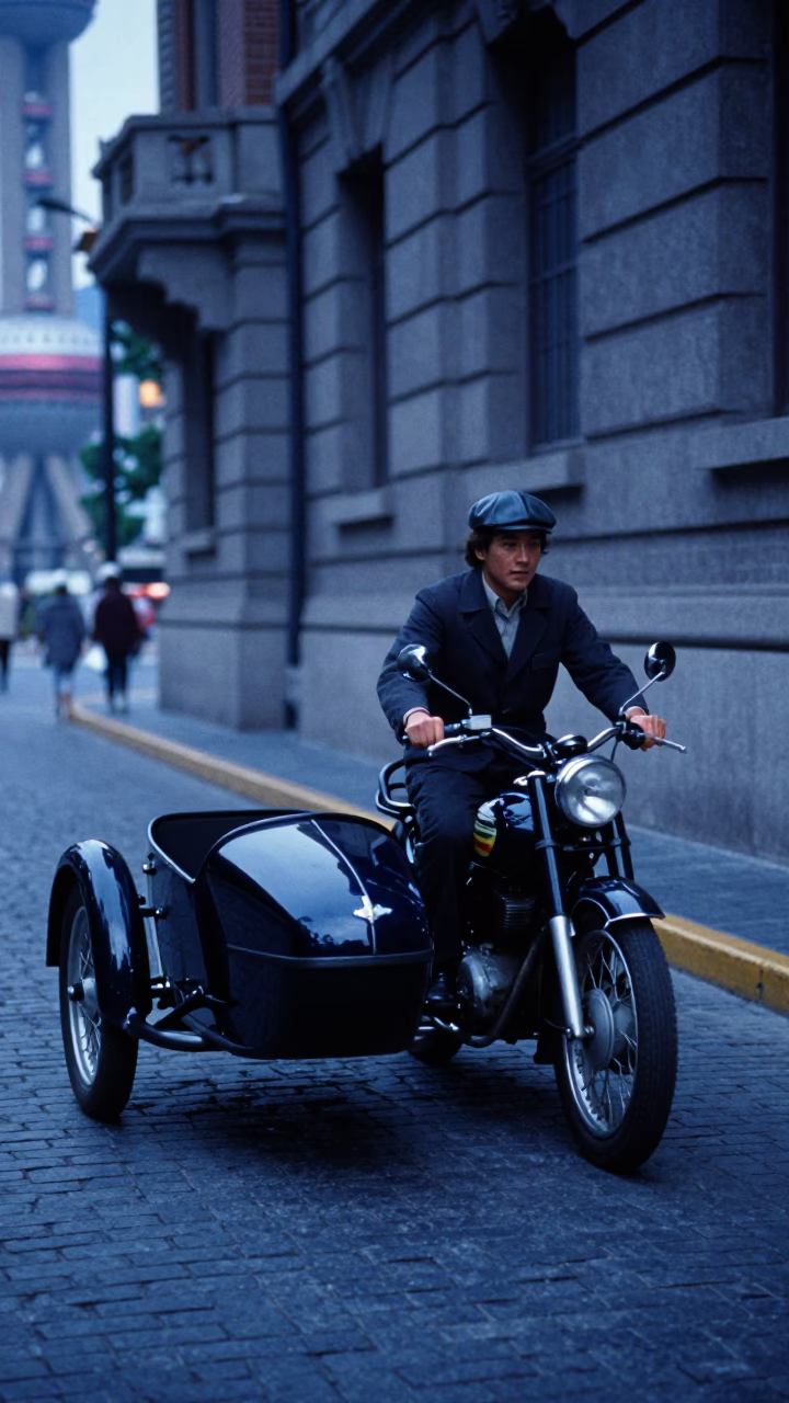 Vintage Motorcycle Sidecar Rides Up Steep Shanghai Hill in Evening Blue Light in in Shanghai, China