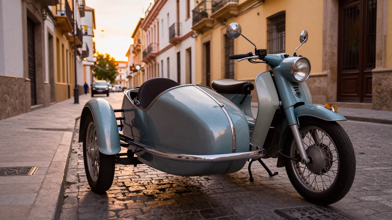Vintage Motorcycle Sidecar Sunset Valencia Spain Street Scene in in Valencia, Spain