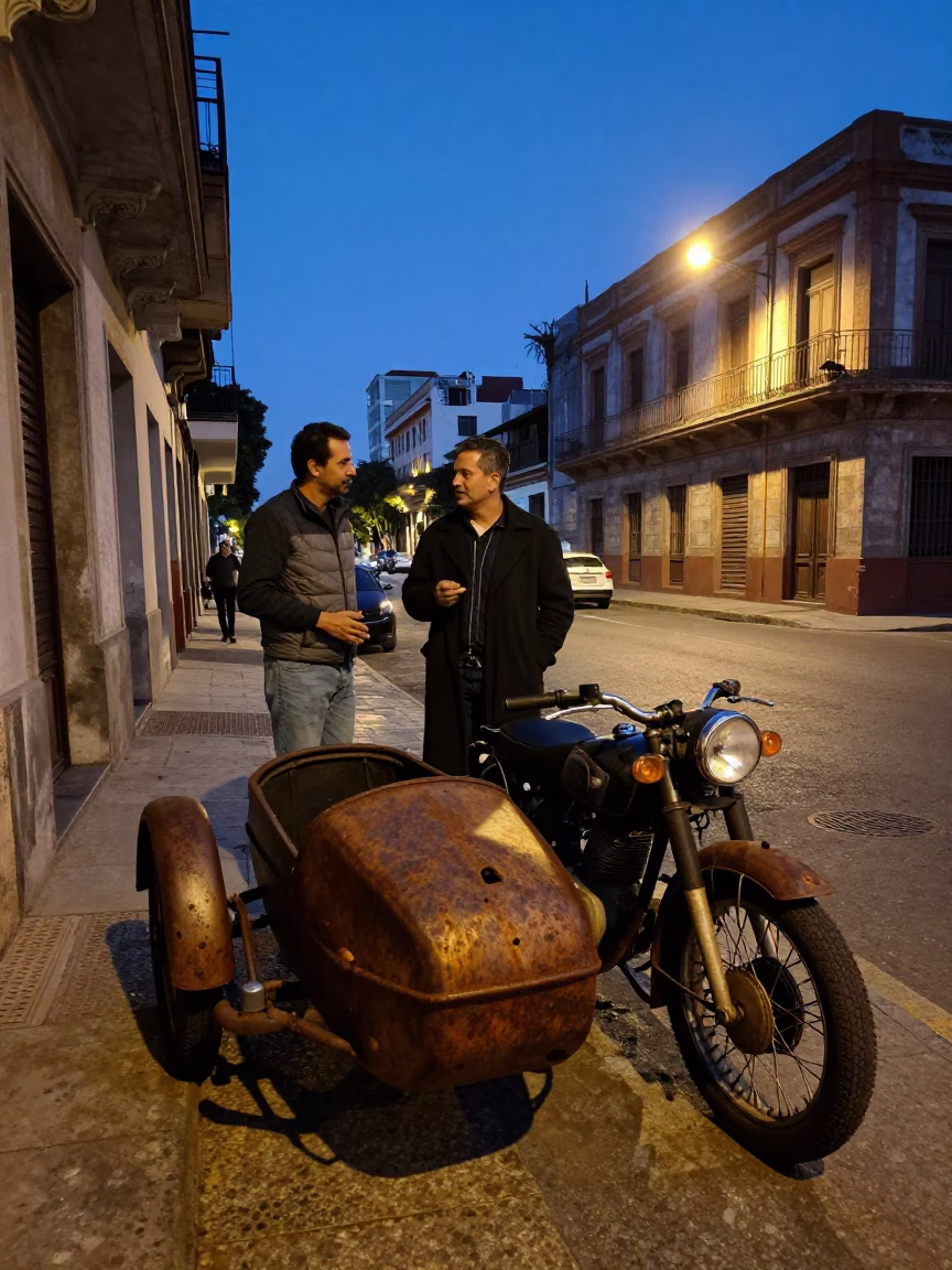 Vintage Motorcycle Sidecar Twilight Buenos Aires Street Scene with Rusty Lamp Post in in Buenos Aires, Argentina