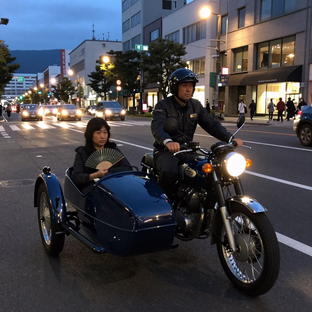 Vintage Motorcycle Sidecar Twilight Street Scene Sapporo Japan in in Sapporo, Japan