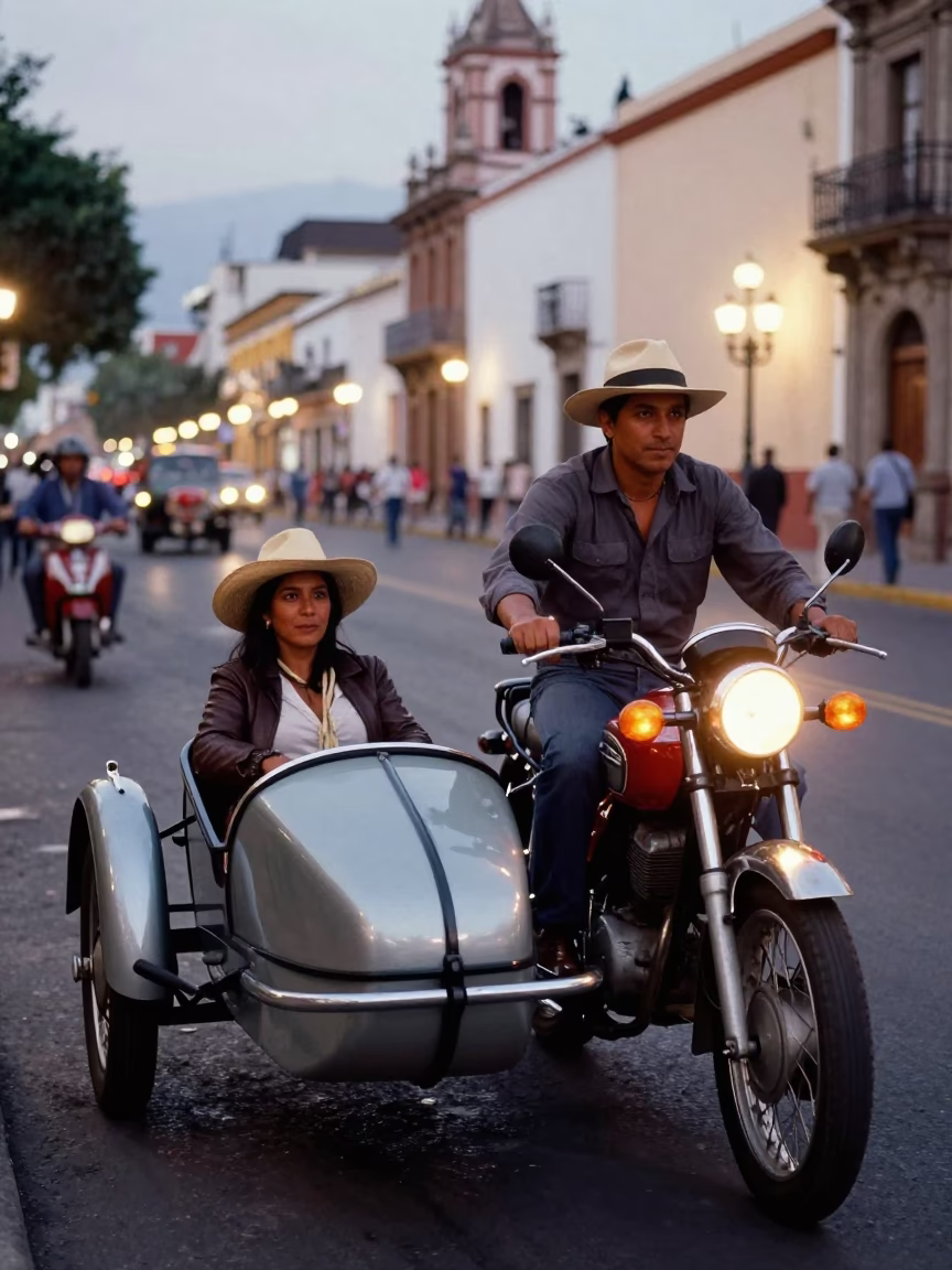 Vintage Motorcycle Sidecar with Passenger Glowing Under Guadalajara Streetlights at Dusk in in Guadalajara, Mexico