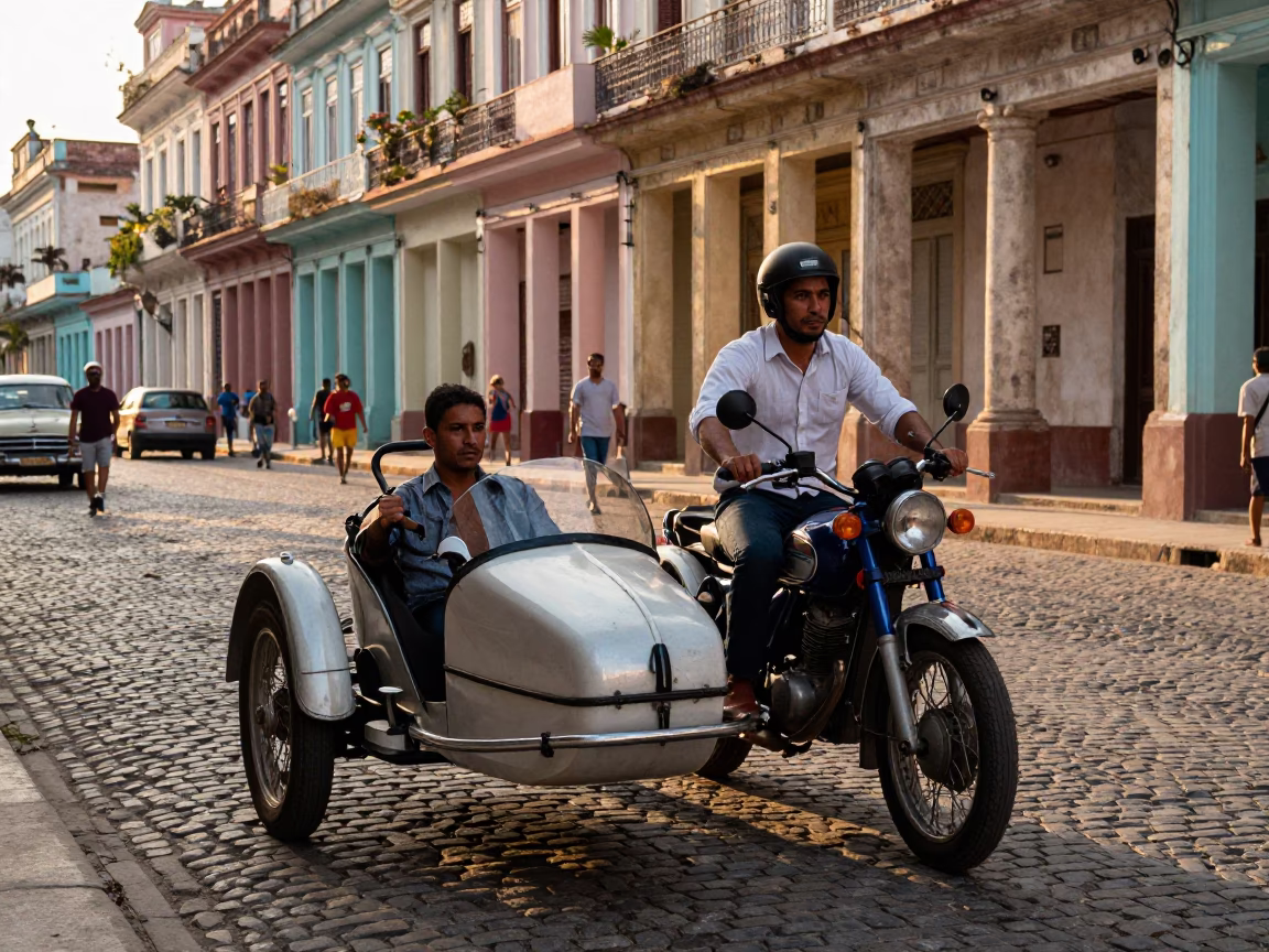 Vintage Motorcycle Sidecar with Passenger on Cobblestone Street at Sunset in Havana Cuba in in Havana, Cuba