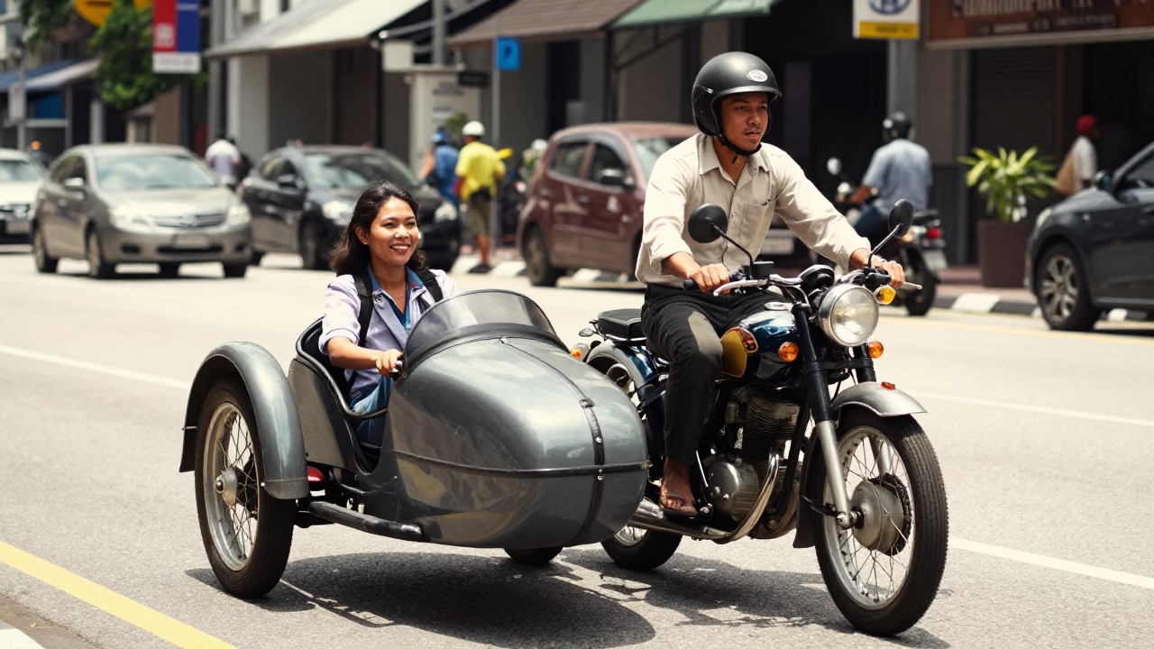 Vintage Motorcycle Sidecar with Passengers in Kuala Lumpur Midday Street Scene in in Kuala Lumpur, Malaysia