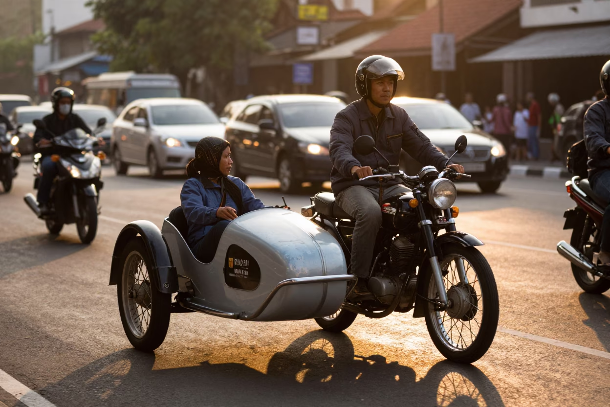 Vintage Motorcycle Sidecar with Rider in Surabaya Indonesia at Sunset in in Surabaya, Indonesia