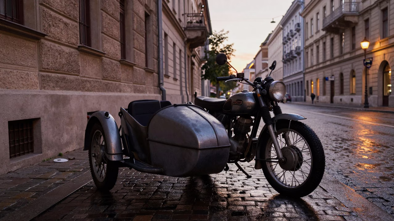Vintage Motorcycle with Sidecar at Nautical Dawn in Budapest Hungary Street Scene in in Budapest, Hungary