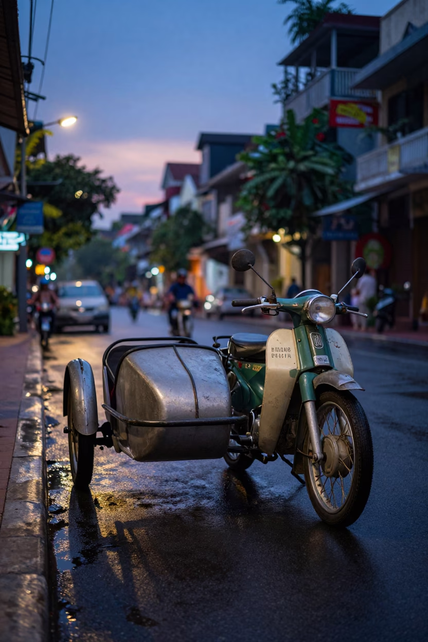 Vintage Motorcycle with Sidecar at Nautical Dawn in Hanoi Vietnam Street Scene in in Hanoi, Vietnam