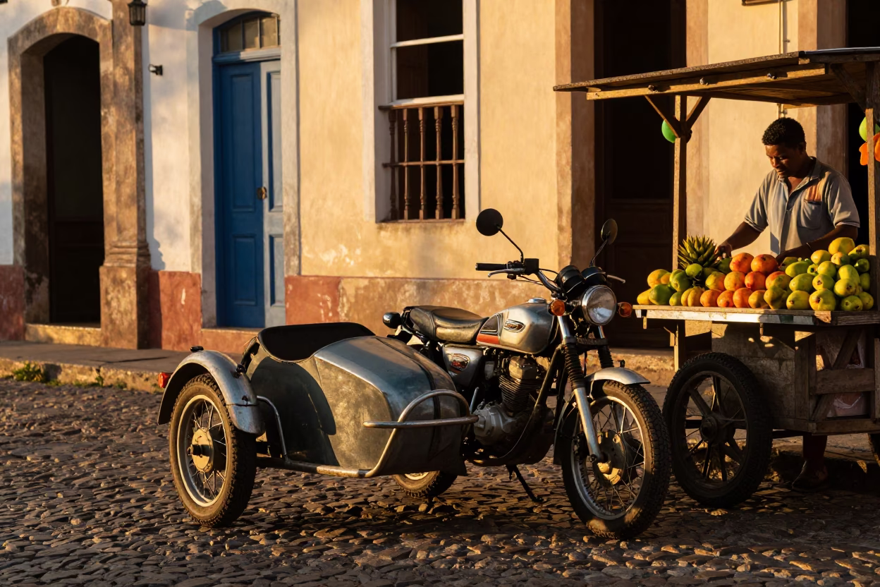 Vintage Motorcycle with Sidecar at Salvador Brazil Golden Hour Street Scene in in Salvador, Brazil