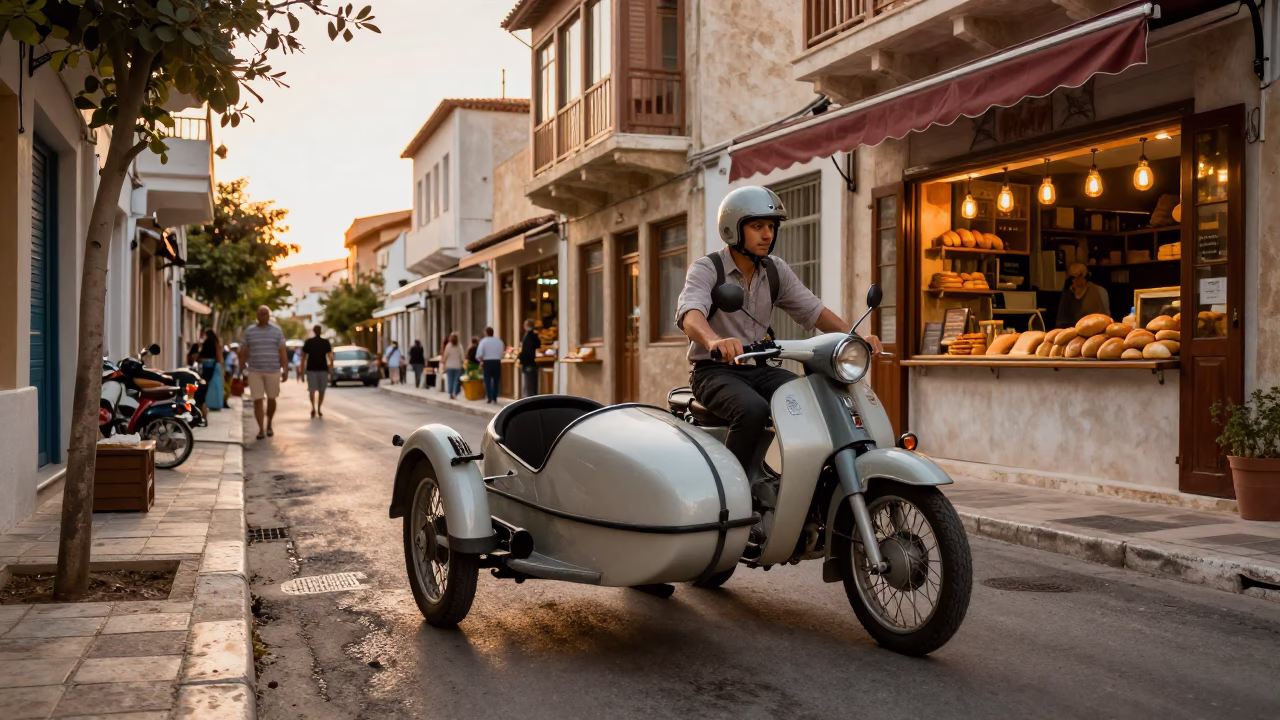 Vintage Motorcycle with Sidecar in Athens Greece Honeyed Evening Street Scene in in Athens, Greece
