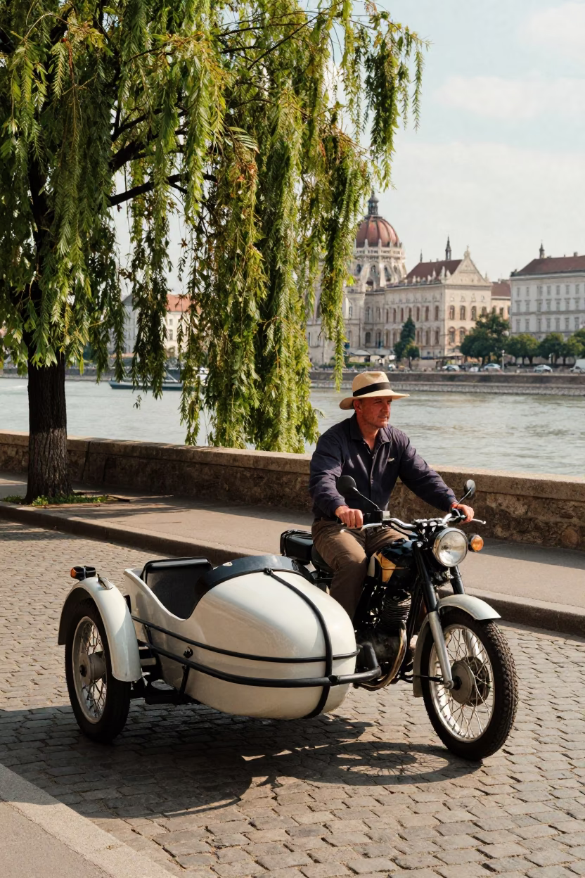 Vintage Motorcycle With Sidecar In Budapest Early Afternoon Street Scene in in Budapest, Hungary