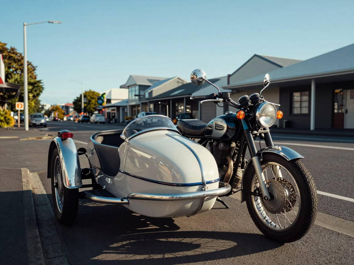 Vintage Motorcycle with Sidecar in Clear Late Afternoon Light Auckland New Zealand in in Auckland, New Zealand