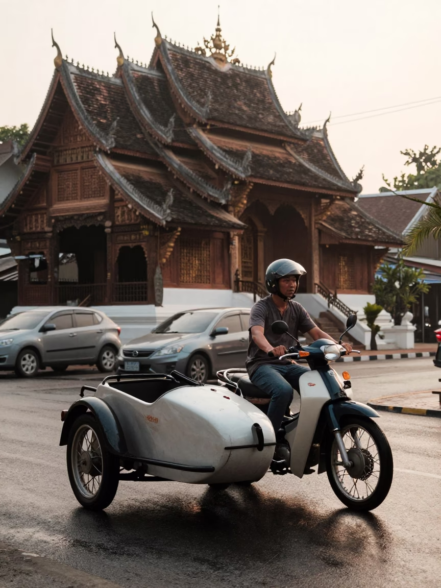 Vintage Motorcycle with Sidecar in Early Morning Chiang Mai Thailand Street Scene in in Chiang Mai, Thailand