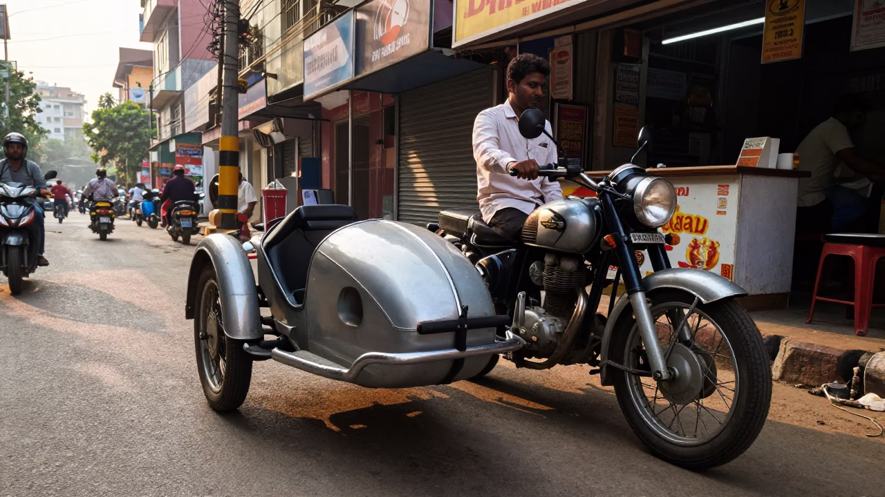 Vintage Motorcycle With Sidecar In Hyderabad India First Light Street Scene in in Hyderabad, India
