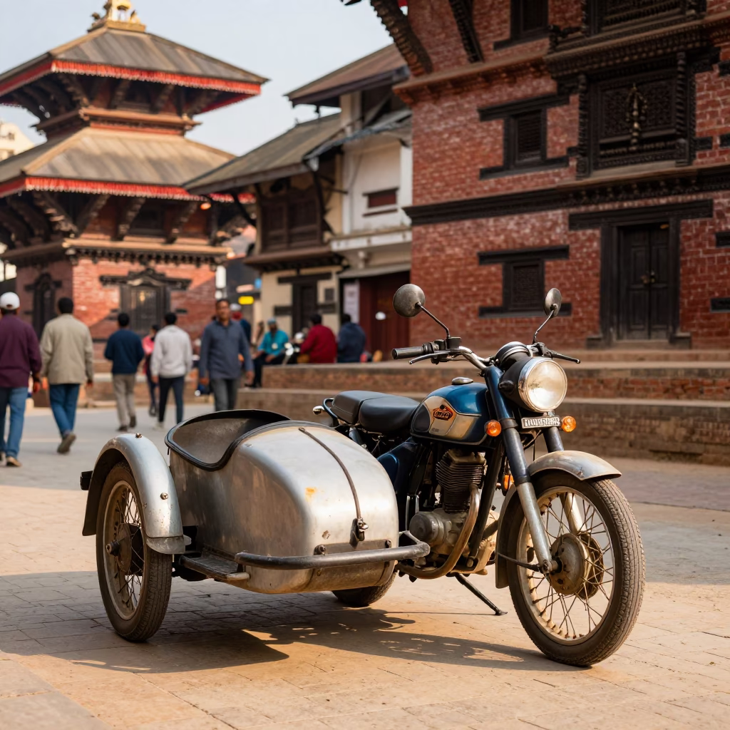Vintage Motorcycle with Sidecar in Kathmandu Nepal Late Afternoon Light Street Scene in in Kathmandu, Nepal