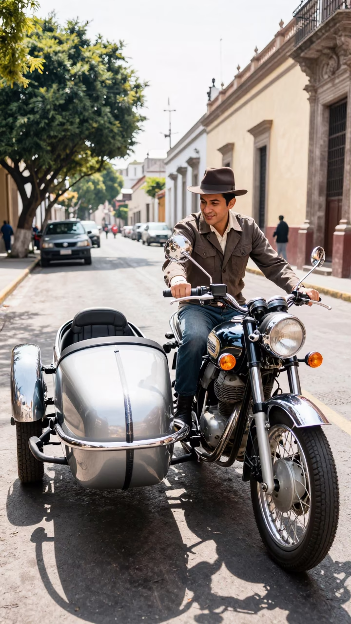 Vintage Motorcycle with Sidecar in Mexico City Midmorning Light in in Mexico City, Mexico